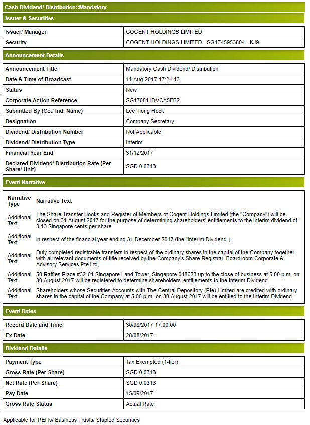 Mandatory Cash Dividend Distribution Cogent Holdings Pte Ltd